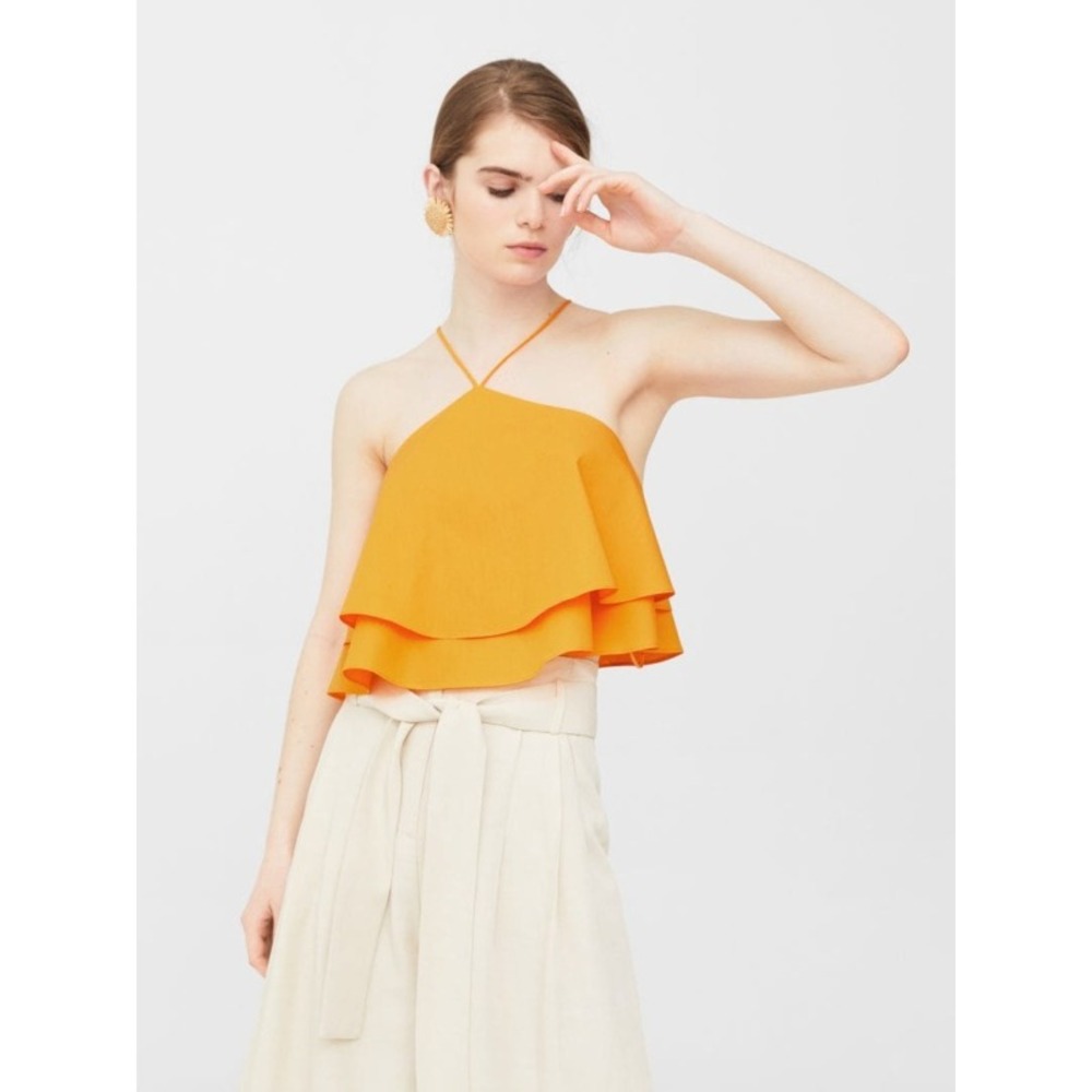 Mango Tiered Ruffle Halter Top Orange Yellow Cropped Tank S Summer Resortwear